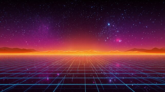 80s synthwave background with a grid and a purple sky, glowing lights, stars in the sky