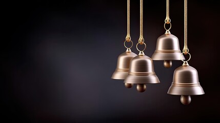 Obraz premium Elegant Hanging Decorative Bells with Golden String and Dark Background for Festive Decor and Seasonal Celebrations in Interior Design