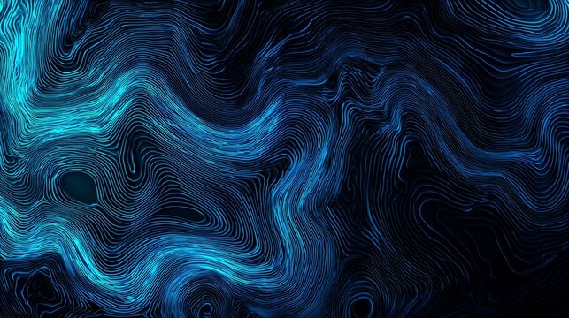 Abstract blue glowing lines on a dark background, a topographic map of the ocean with wave patterns
