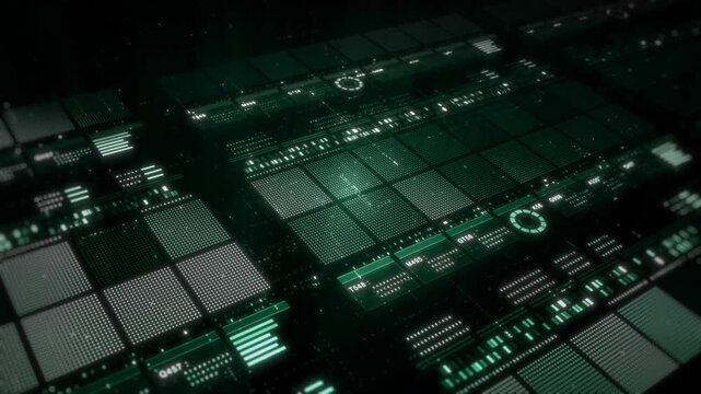 Digital technology interfaces with data and grid layout, perfect for tech, AI, cybersecurity, and futuristic UI designs. Technology Digital Data Abstract Background
