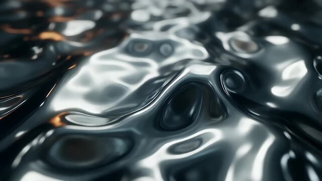 Cinematic slow push-in on swirling liquid metal with mercurial sheen and dynamic silver chrome reflections
