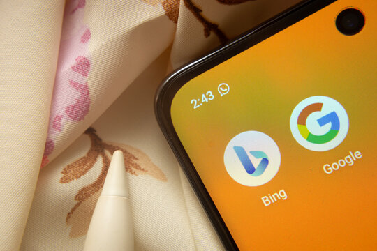 Dhaka, Bangladesh- 07 May 2025: Microsoft Bing and Google Search app icon is seen on smartphone.