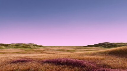 Obraz premium Tranquil Landscape with Warm Pastel Skies and Rolling Gentle Hills, Featuring Lush Green Grass and Vibrant Purple Wildflowers in a Serene Environment