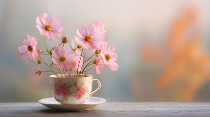 Fototapeta premium Delicate pink cosmos flowers bloom gracefully in a vintage teacup on a wooden surface, soft focus background.