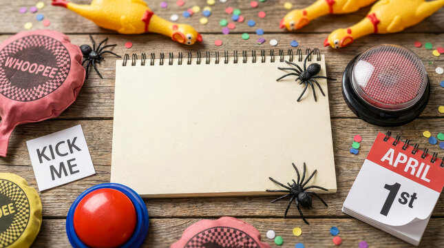 April fools day pranks on wooden table with copy space joke trick