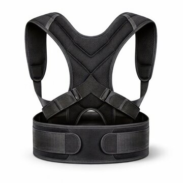 Ergonomic black posture corrector brace with padded straps and wide lumbar belt is displayed on a white background, perfect for promoting back support, alignment, and everyday wellness.