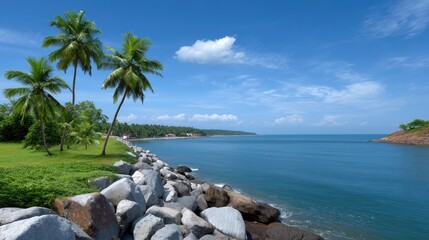 Obraz premium Tranquil Coastal Scene with Palm Trees and Clear Blue Sky at a Serene Beach Location Surrounded by Nature and Rocky Shoreline in Bright Daylight