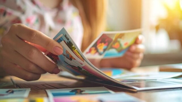 Woman's hands browsing through a stack of printed photographs