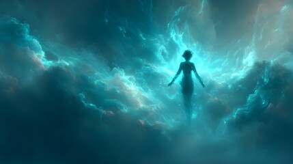 Fototapeta premium Mystical Figure Silhouetted in Ethereal Blue Nebula Amidst Cosmic Clouds.