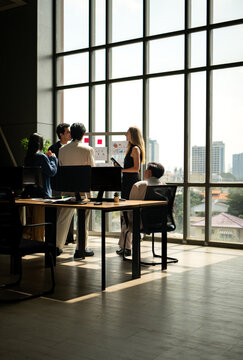 Business team standing and talking during a meeting near a presentation board, discussing ideas, strategy