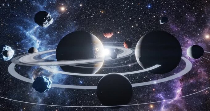 A breathtaking cosmic scene featuring multiple planets with stunning rings, stars, and distant celestial bodies
