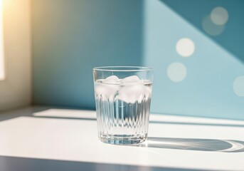 A glass of water with ice cubes on a white table in a room with blue walls and sunlight