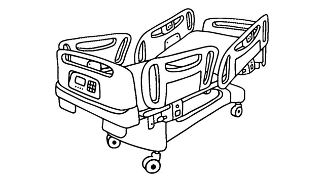 A hospital bed with adjustable features is shown in a line drawing.