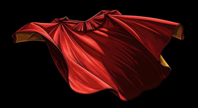 A red and gold matador cape floating dramatically against a solid black background