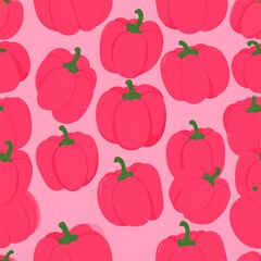 Repeating flat illustration of stylized pink bell peppers with green stems on a light pink background
