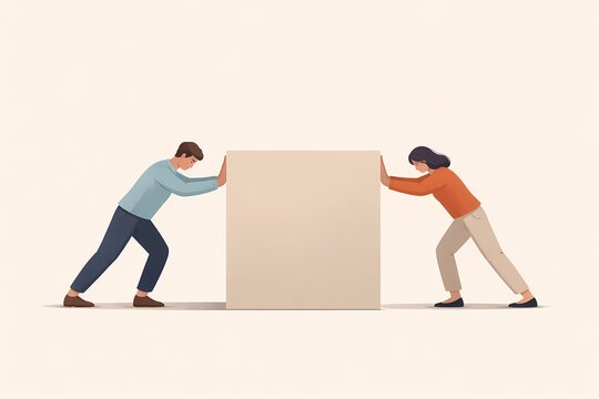 Two people pushing the same block from opposite sides symbolizing business conflict stalled collaboration and opposing interests.