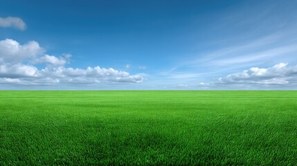 Obraz premium Lush Green Grass Field Under Bright Blue Sky with Fluffy Clouds on a Sunny Day Perfect for Nature and Outdoor-Themed Projects and Backgrounds