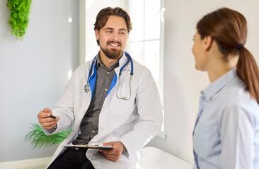 Support and care, professional doctors assistance to patient at medical consultation in hospital....