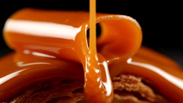 Caramel sauce being poured over a dessert.