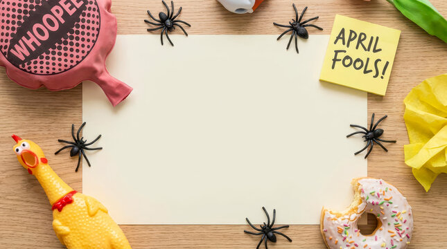 April Fools prank setup for presentation with clean minimal style joke whoopee cushion