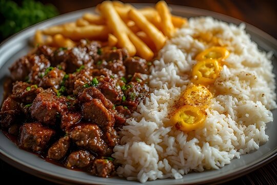 peruvian lomo saltado stir fry with beef, yellow peppers, fries and rice