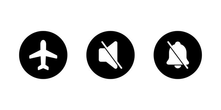 Airplane, mute, and silent bell mode icon in black circle. Flight, no sound, and notification off symbol