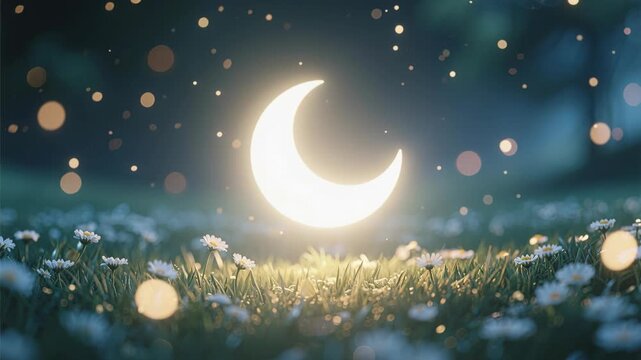A dreamy midnight landscape featuring a bright crescent moon and glowing stars across a dark blue fantasy sky with soft clouds and abstract vector elements