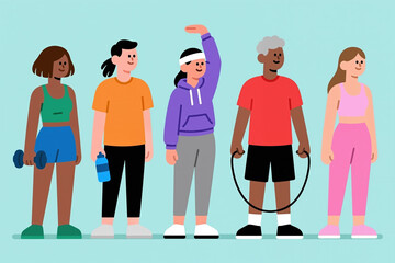 Fototapeta premium Five individuals in workout attire engage in various fitness activities together, depicted in a cartoon style against a simple, solid-colored background.