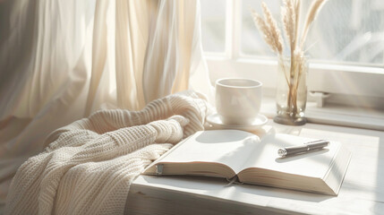 Fototapeta premium Cozy morning reading with open book and coffee on soft white bedding by sunny window with dried pampas grass