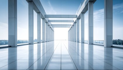 Naklejka premium A sleek, modern architectural space featuring a symmetrical walkway with columns and reflections