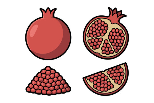 A colorful illustration of pomegranates in different forms and slices on a white background