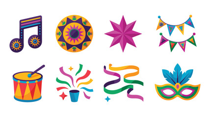 Obraz premium Festival party icons vector set with drum, ribbon confetti, bunting flags, star rosette, music note, carnival mask, bright decorations