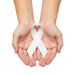Human hands holding a white awareness ribbon for lung cancer isolated on transparent background