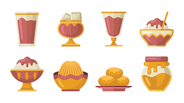 Ramadan iftar dessert icons, sharbat glasses, sweet bowls, halwa, laddu, festive Eid food set, celebration banquet vector illustration collection