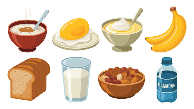 Suhoor nutrition icons, hot tea, boiled egg, yogurt bowl, banana, bread slice, milk glass, bottled water, healthy set vector