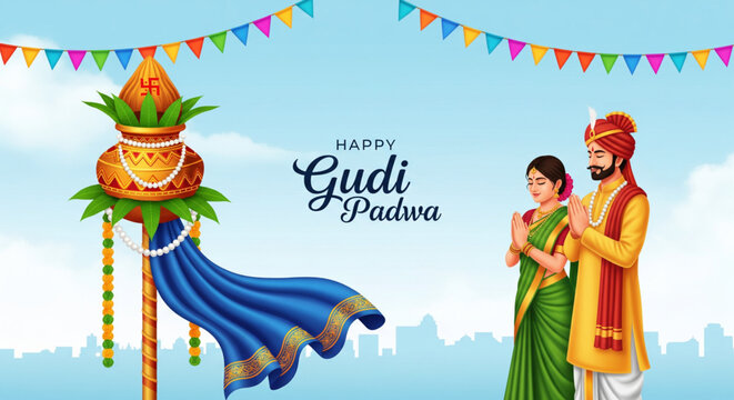 Festive Gudi Padwa celebration scene with traditional Ugadi symbols praying Indian couple colorful decorations and joyful Hindu New Year background