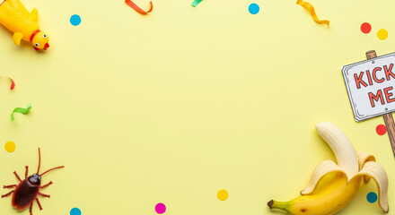 Playful toy and fruit on bright yellow background with copy space toys plastic toys