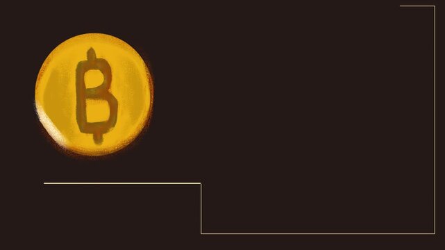 A financial theme featuring a glittering cryptocurrency coin against a dark background. There's an area for inserting information nearby.