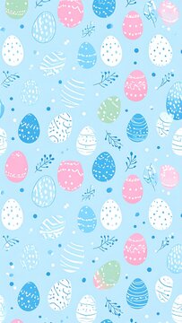 A vertical pattern of pastel-colored decorated eggs and tiny leafy sprigs on a light blue background