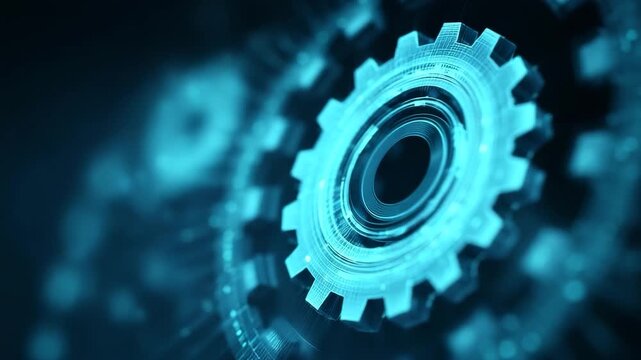 Glowing blue gear with futuristic design on dark background with bokeh effect