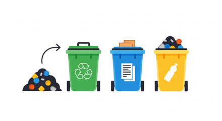 Waste management and recycling process with colored trash cans and recyclables