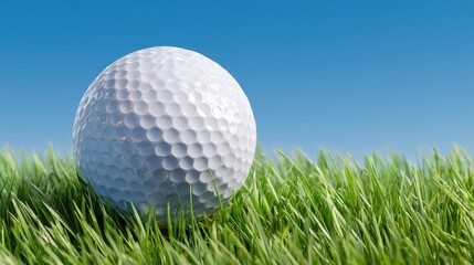 Golf Ball Resting on Green Grass Under a Bright Blue Sky on a Sunny Day Showing the Dimpled Surface and Natural Environment