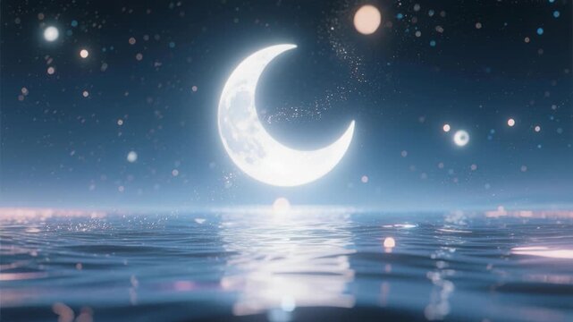 A dark night sky filled with bright stars and a full moon casting moonlight over abstract clouds and a calm blue ocean landscape in the deep space universe