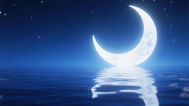A bright crescent moon and stars reflect on dark blue water under a night sky with abstract clouds in this celestial lunar fantasy illustration