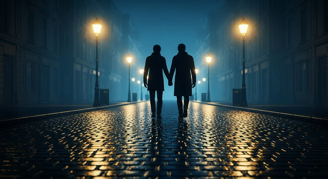 Couple walking hand in hand down a cobblestone street at night under streetlights