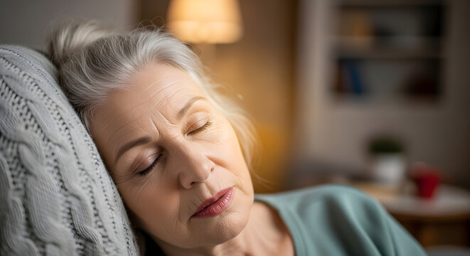 An elderly woman with her hair in a bun sleeping soundly against a textured grey cushion in a warm interior