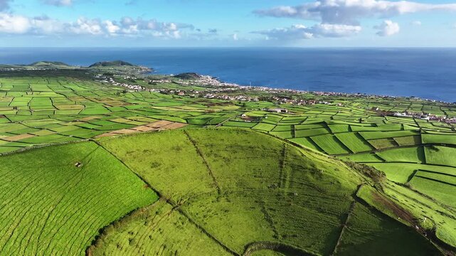 Patchwork quilt landscape around Pico Dona Joana on Terceira island, aerial
