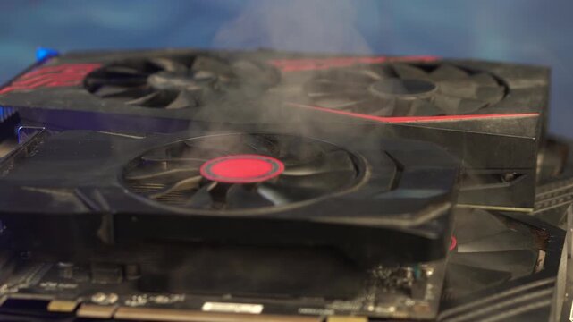 Smoking VGA Graphic Cards, Electronic Waste Recycling, Close Up