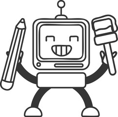 Naklejka premium Sticker outline chat-bot drawing character with pencil and brush. Ai robotic avatar retro style illustration