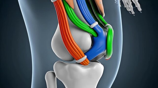 3D anatomical visualization of human knee joint showing color-coded ligaments and bones, rotating medical animation for orthopedic education